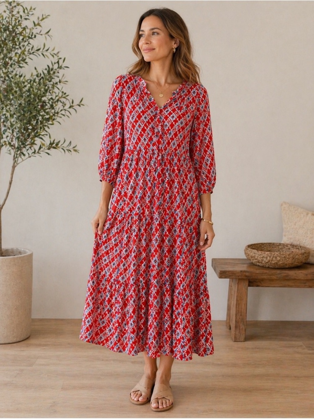Red Boho Midi Dress XL Geometric Print Flowy Peasant Sleeve Lightweight